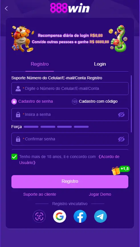 Formulário de cadastro da 888win